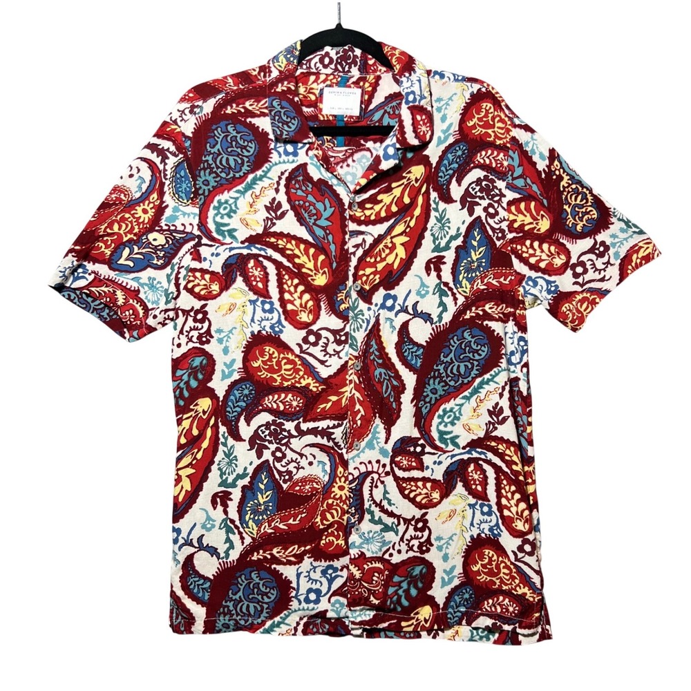 Denim & Flower Ricky Singh Mens Large Red Blue Paisley Viscose Camp Shirt L